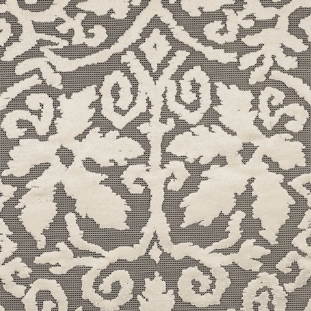 Muted taupe-grey damask with ivory scrolling leaves and a tactile woven ground