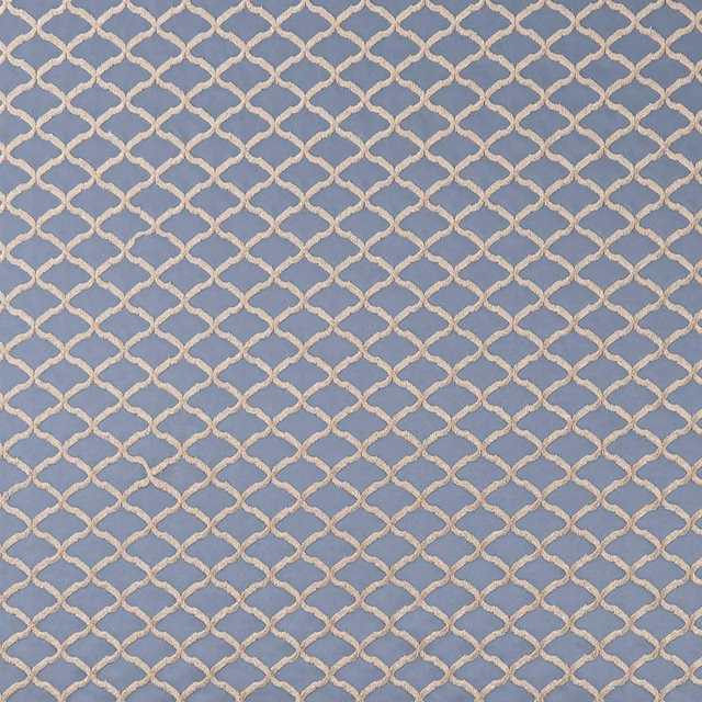 Muted chicory-blue fabric with ivory interlocking trellis and softly textured weave