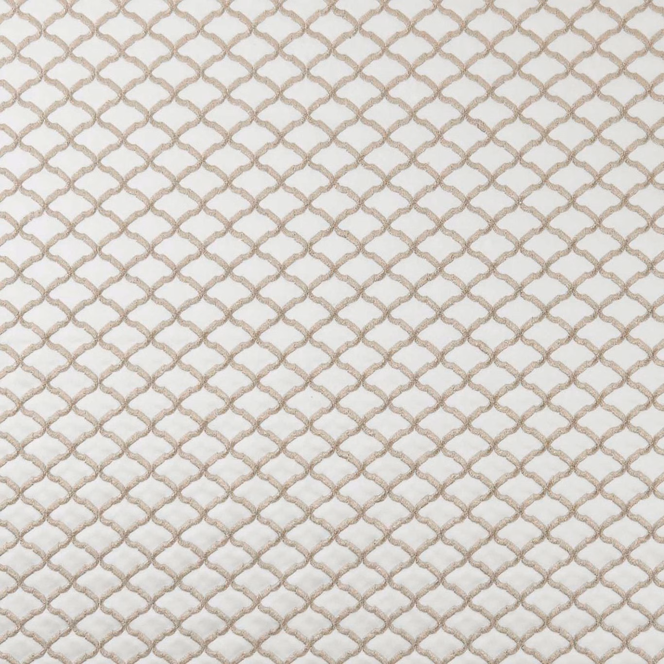 Warm ivory fabric with a softly raised taupe interlocking trellis pattern