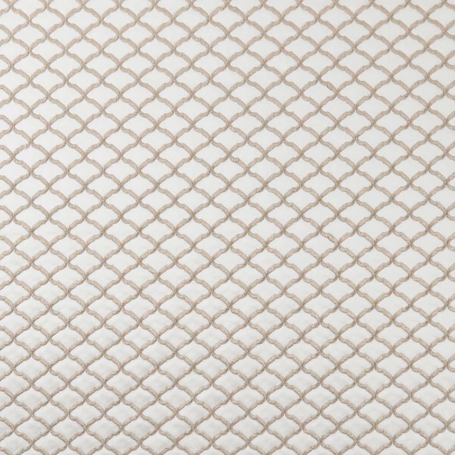 Warm ivory fabric with a softly raised taupe interlocking trellis pattern