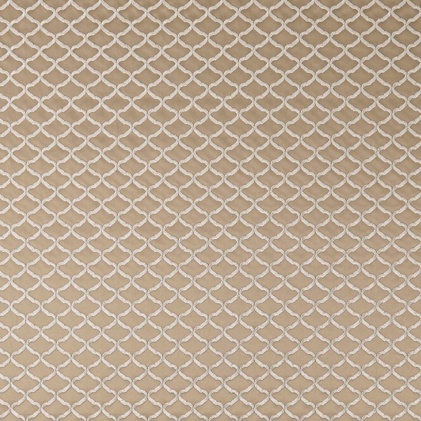 Warm taupe fabric with raised ivory interlocking trellis texture