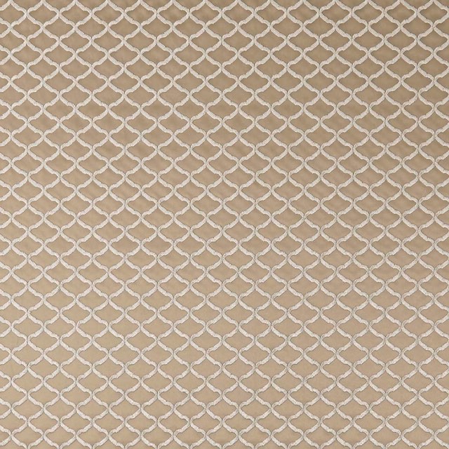 Warm taupe fabric with raised ivory interlocking trellis texture