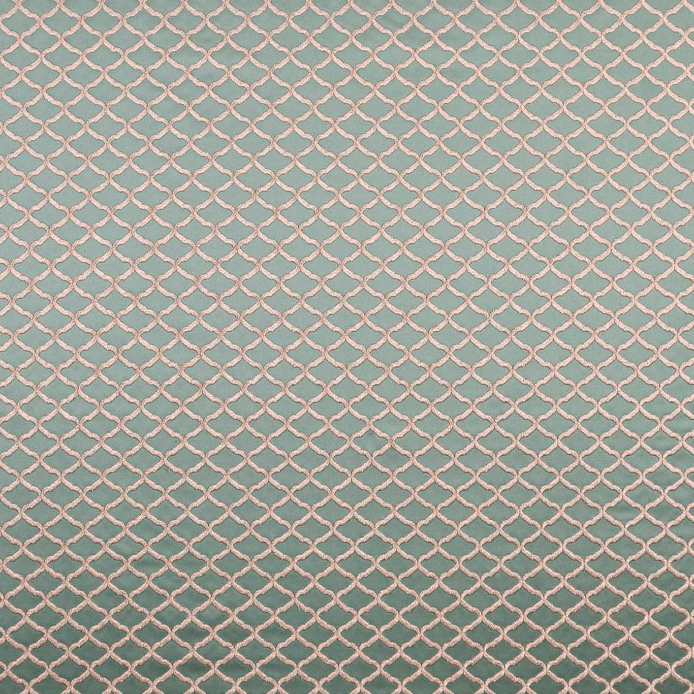 Muted aqua woven fabric with a blush-pink linked diamond lattice and lightly textured surface