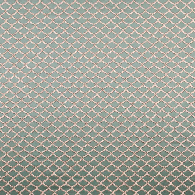 Muted aqua woven fabric with a blush-pink linked diamond lattice and lightly textured surface