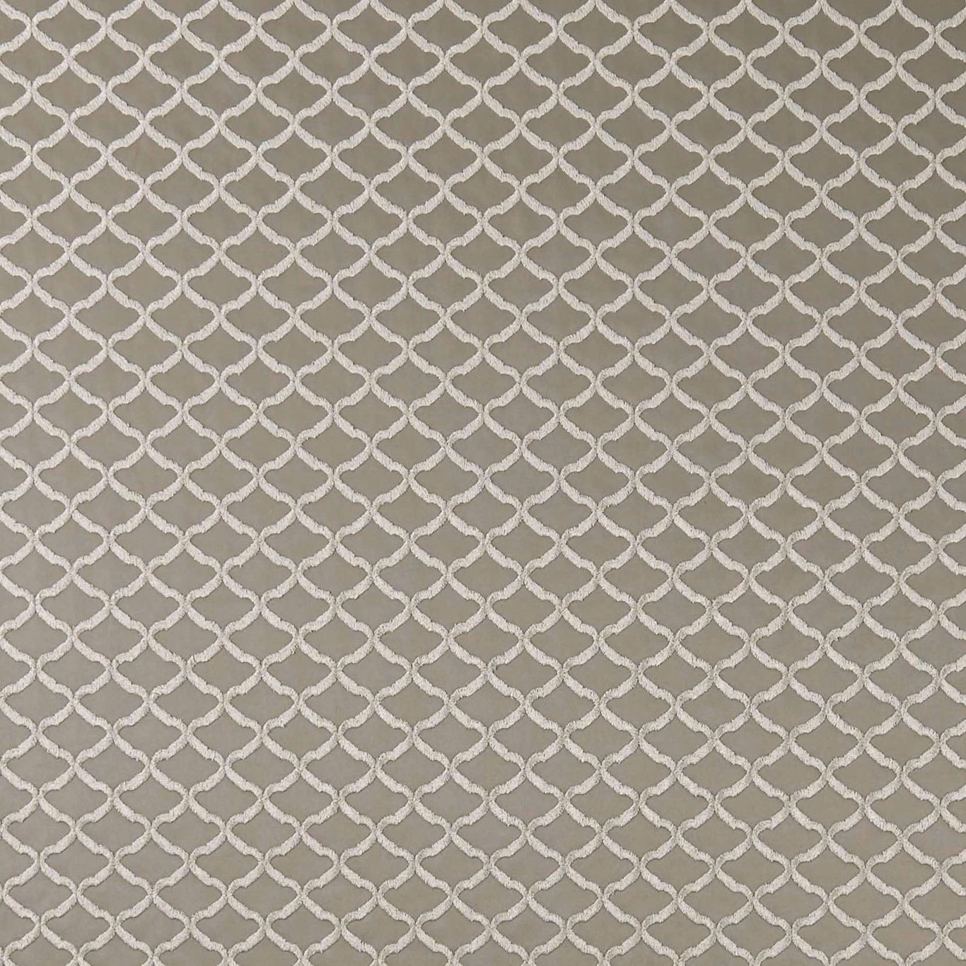 Muted pebble taupe fabric with a pale woven interlocking trellis pattern