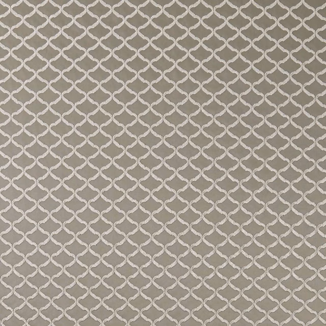Muted pebble taupe fabric with a pale woven interlocking trellis pattern