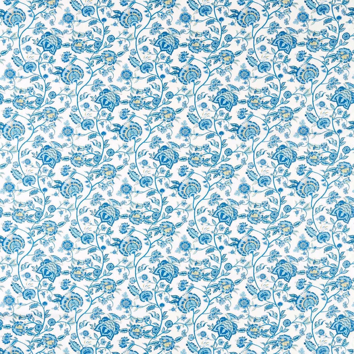 White-ground floral textile with cobalt roses, curling stems and tiny yellow accents