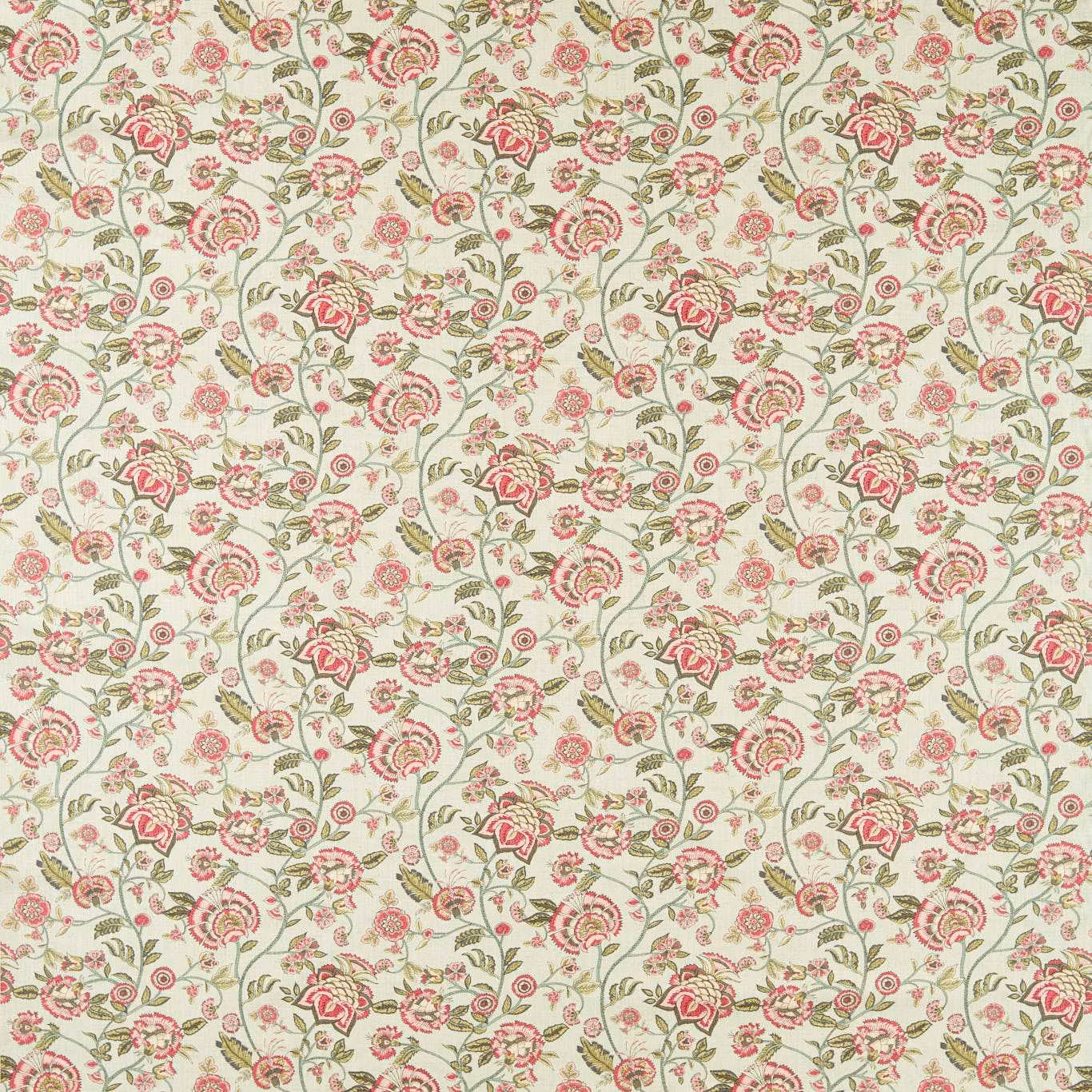 Muted sage and blush floral vines with cream ground and fine textile texture