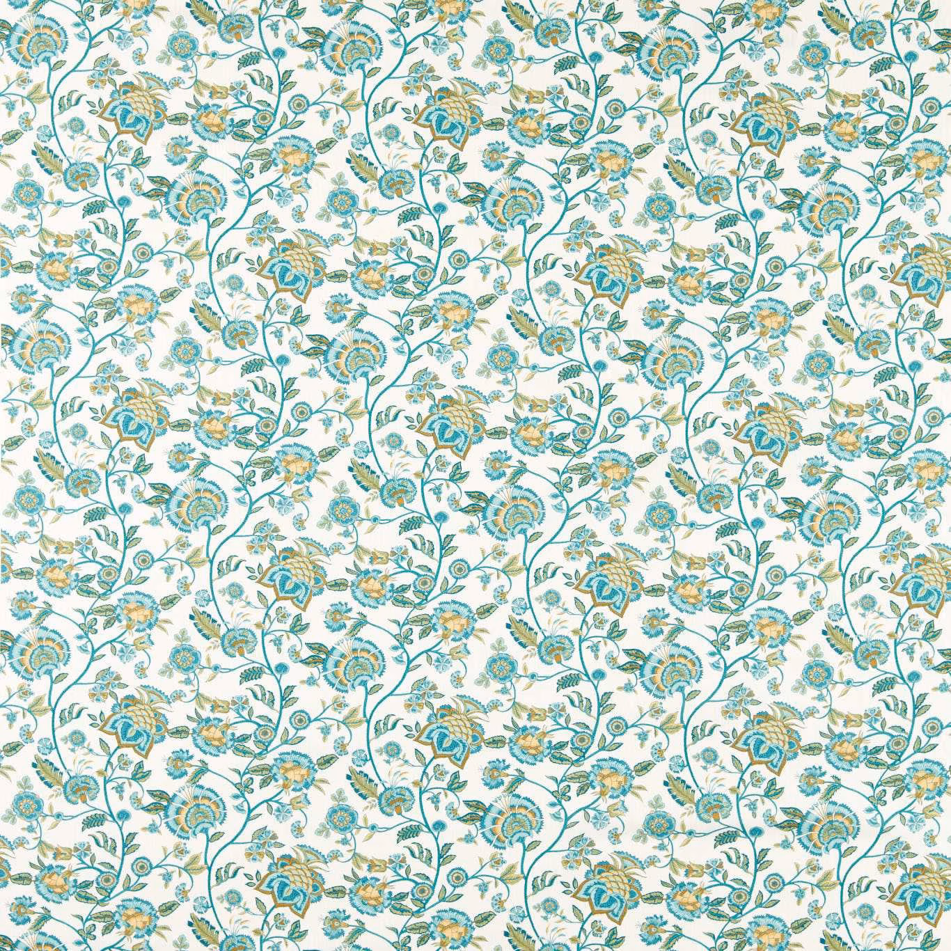 Cream floral fabric with teal scrolling stems and small ochre flower accents
