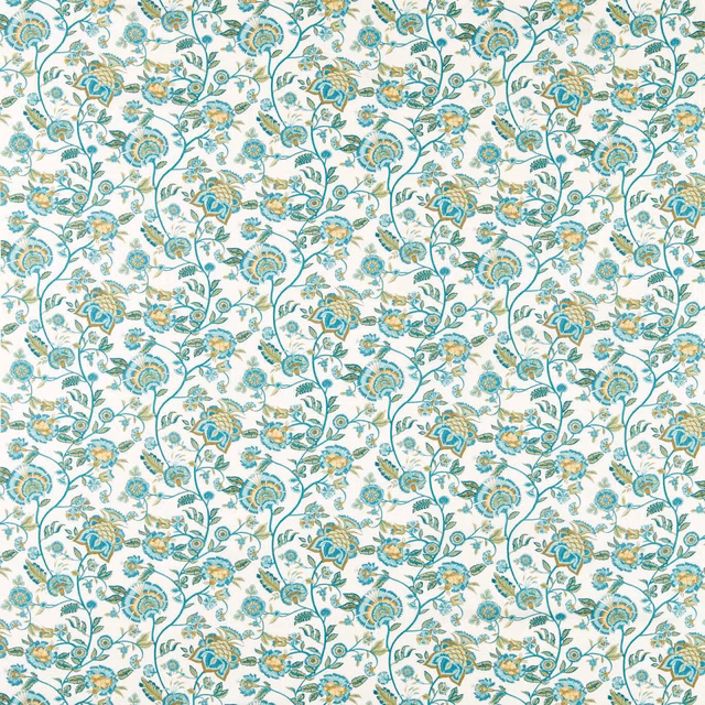 Cream floral fabric with teal scrolling stems and small ochre flower accents