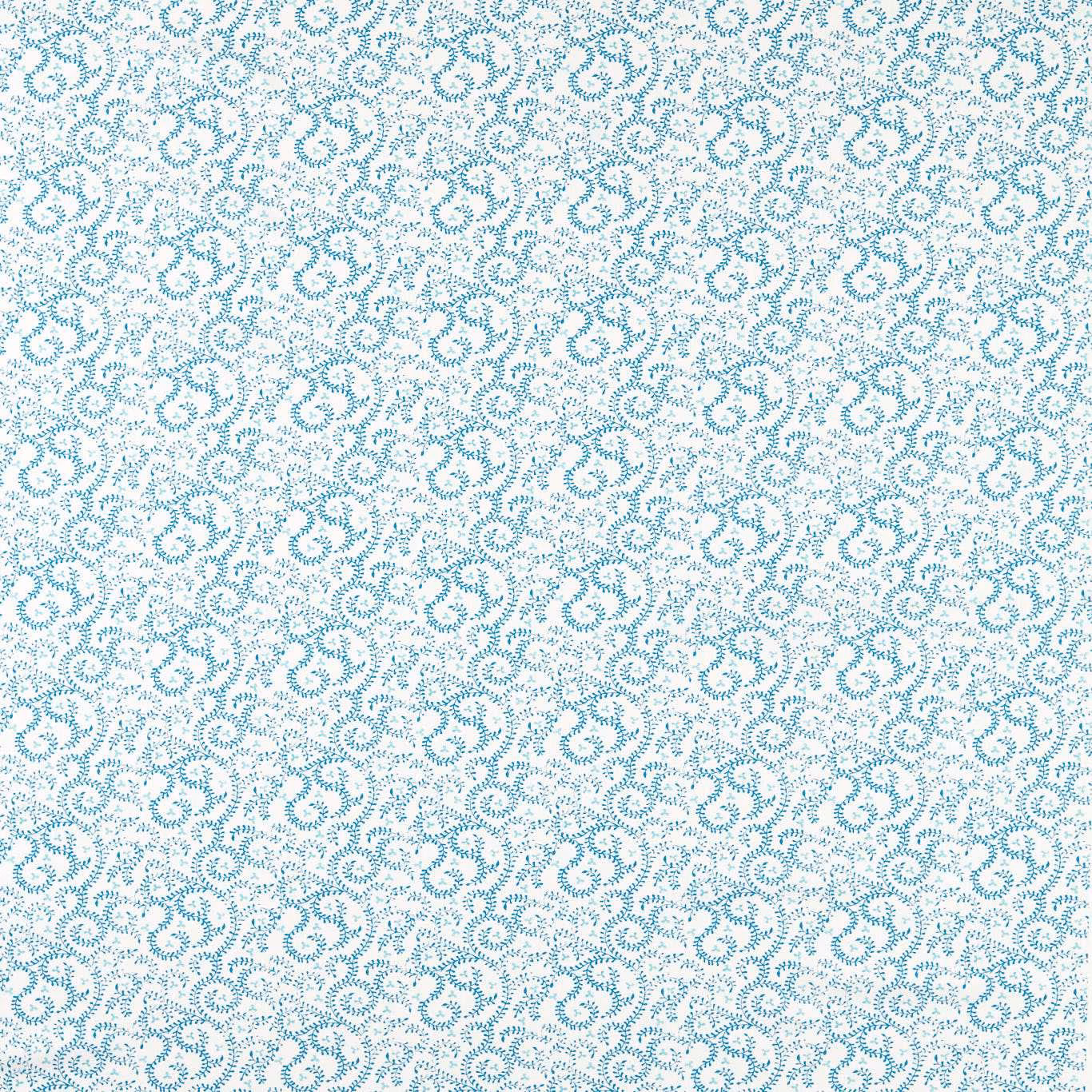 White fabric with dense small turquoise-blue curled buta motifs and fine textured weave