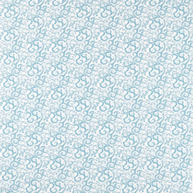 White fabric with dense small turquoise-blue curled buta motifs and fine textured weave