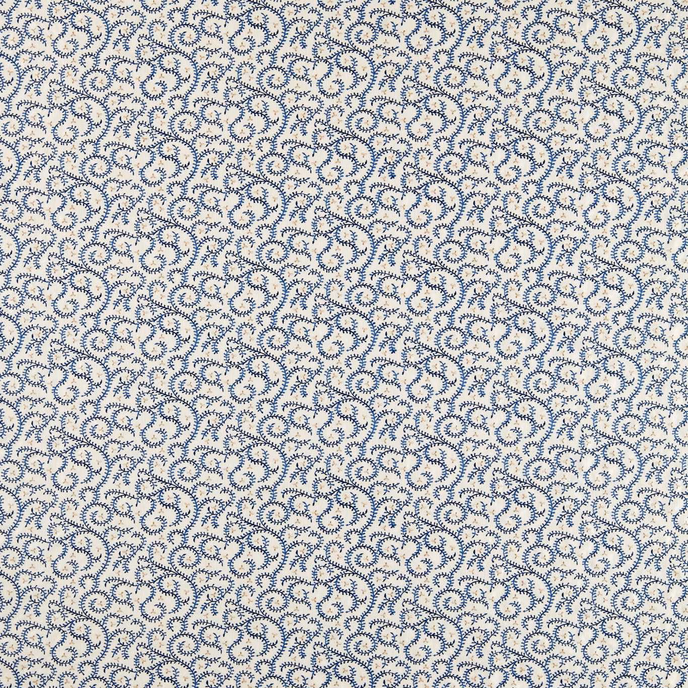 Cream fabric densely covered in small cool ink-blue curled buta embroidery motifs