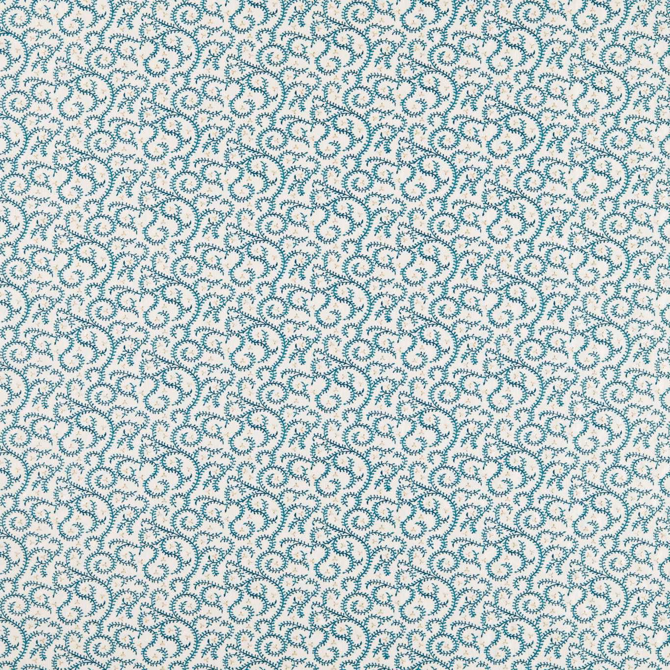 Dense teal curling buta embroidery scattered across an ivory fabric ground