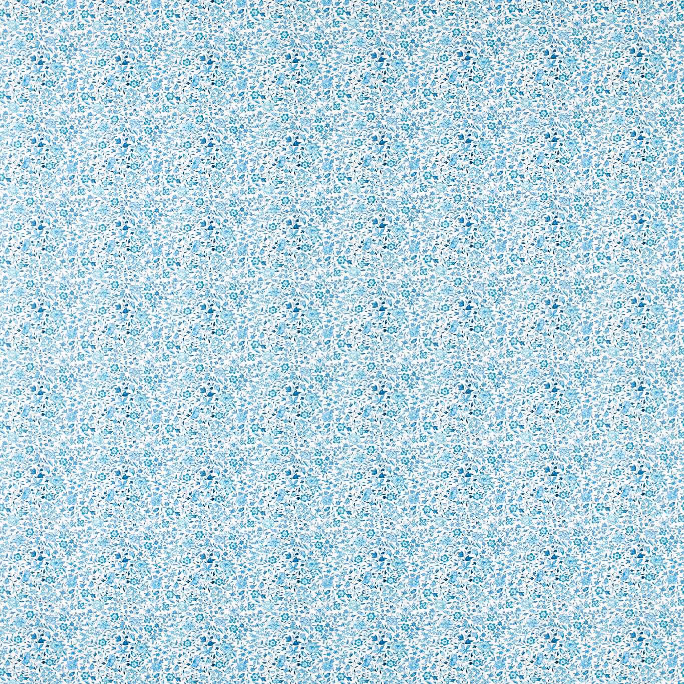 Pale aqua fabric with dense tiny cobalt floral marks and fine mottled texture