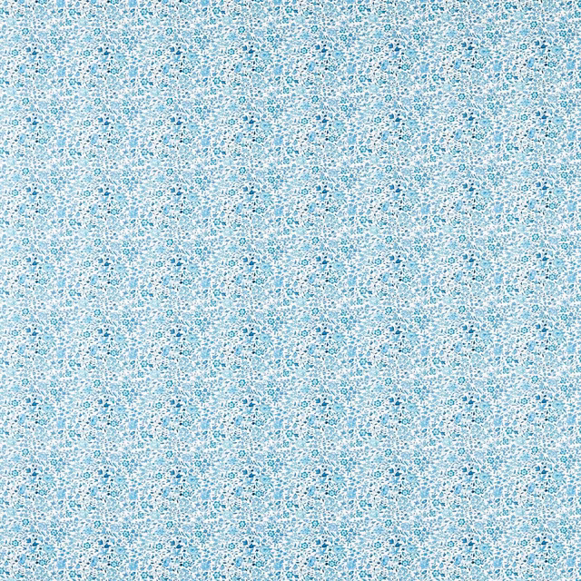 Pale aqua fabric with dense tiny cobalt floral marks and fine mottled texture