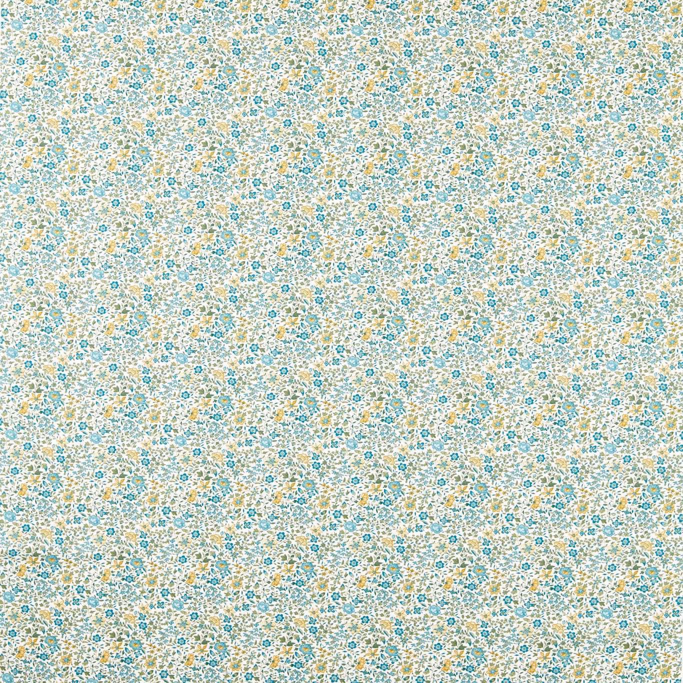 Dense small teal and ochre floral motifs scattered across a warm cream fabric ground