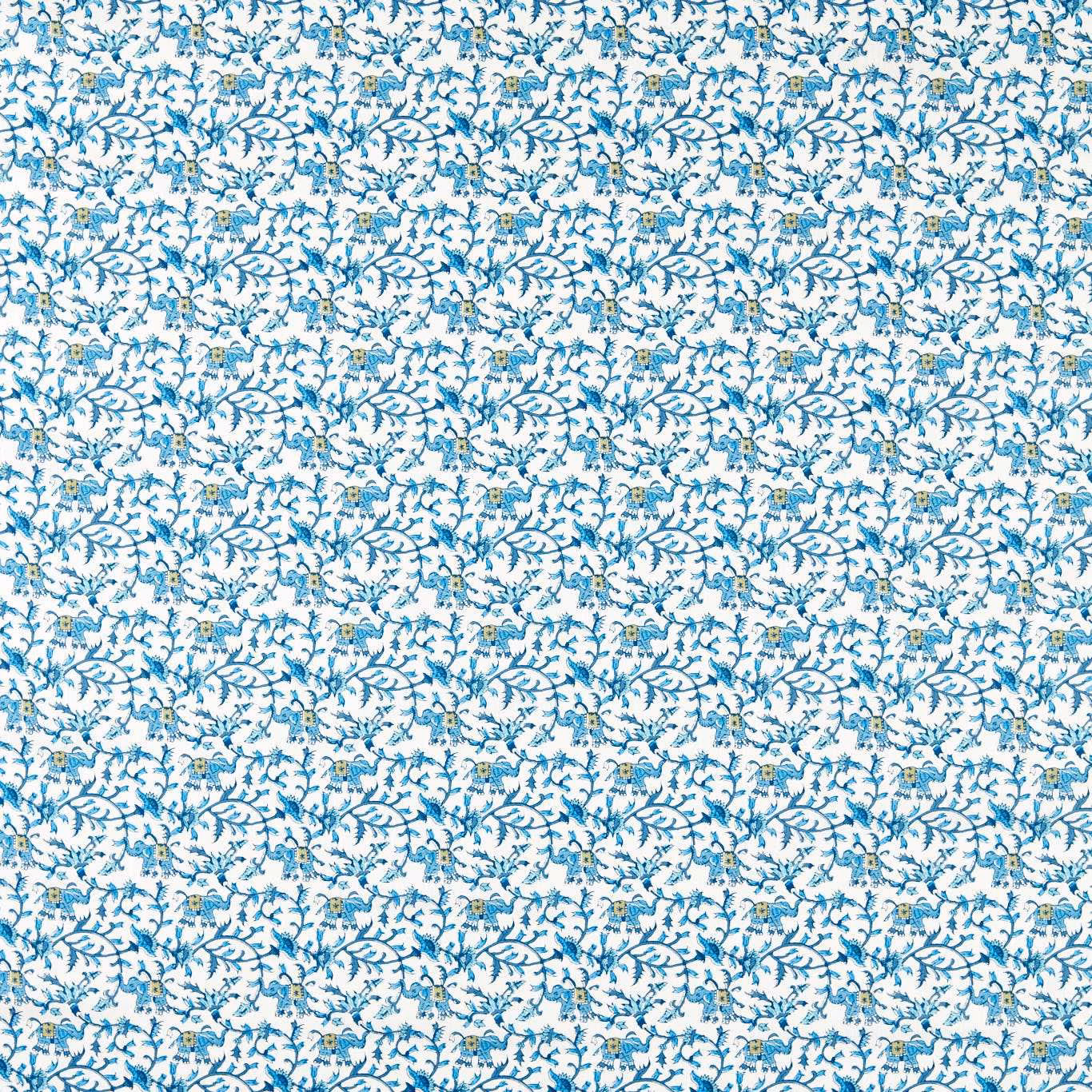 White-ground fabric with dense cobalt curling vines and tiny gold floral accents