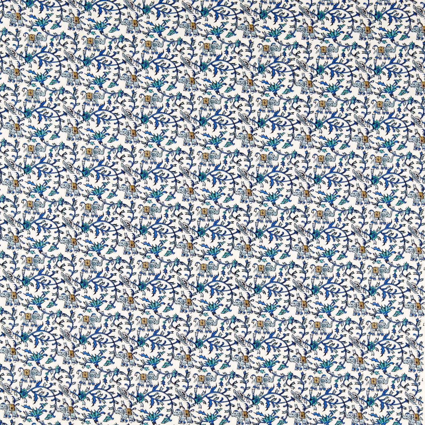 Ivory textile with cobalt branching vines, teal leaves and tiny elephant motifs
