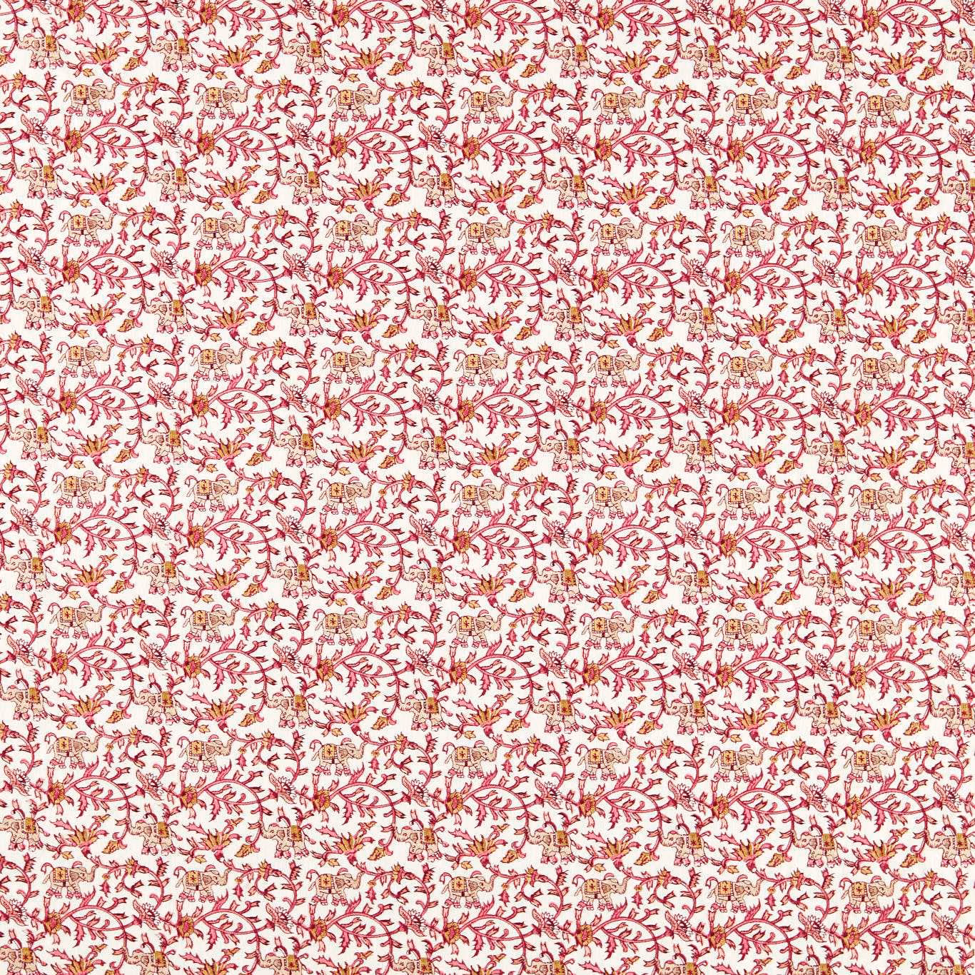Raspberry branching vines and tiny elephant motifs across a cream textile ground