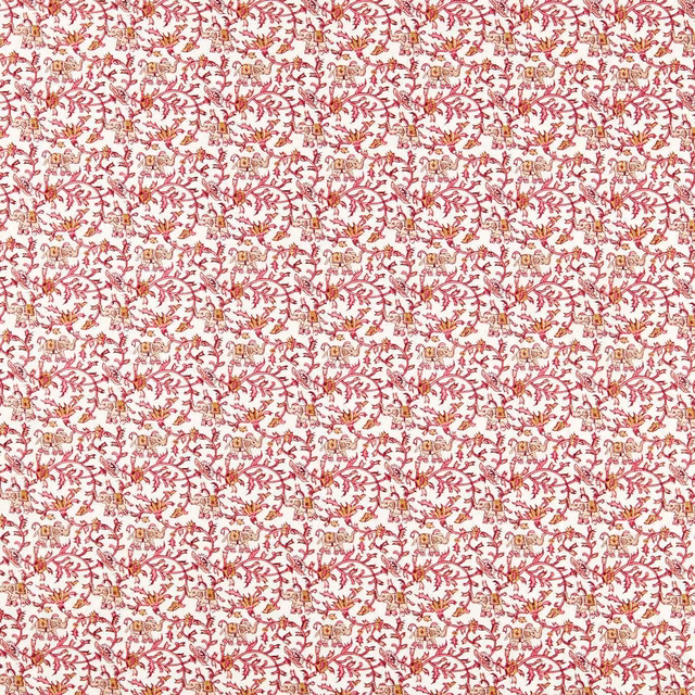 Raspberry branching vines and tiny elephant motifs across a cream textile ground