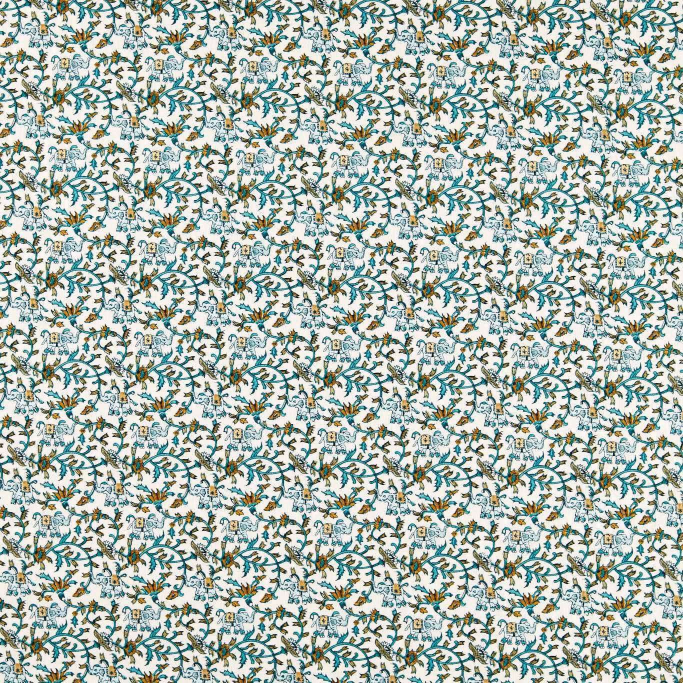 Dense teal botanical embroidery with tiny elephant motifs on an ivory ground