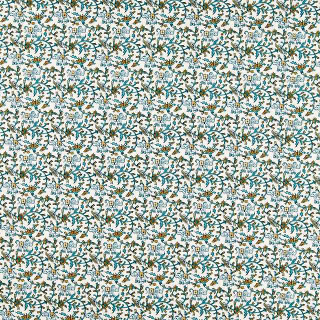 Dense teal botanical embroidery with tiny elephant motifs on an ivory ground