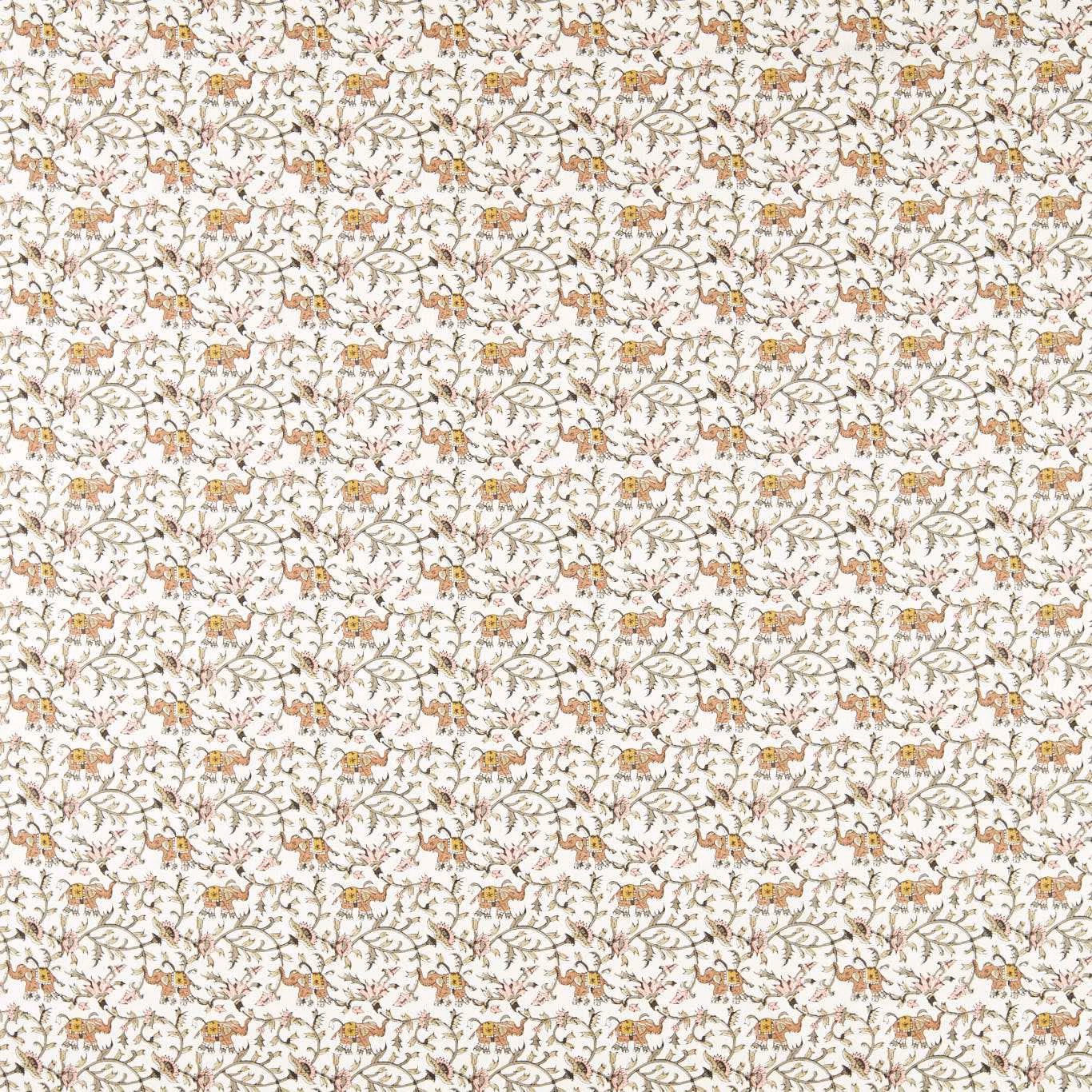 Warm natural ivory fabric with tiny ochre elephants and delicate branching motifs