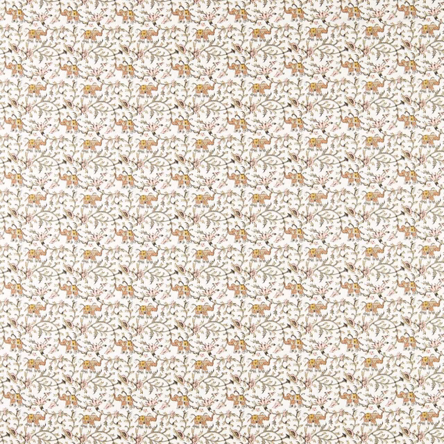 Warm natural ivory fabric with tiny ochre elephants and delicate branching motifs