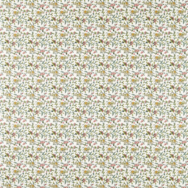 Ivory botanical fabric with sage foliage, blush flowers and fine repeating sprigs