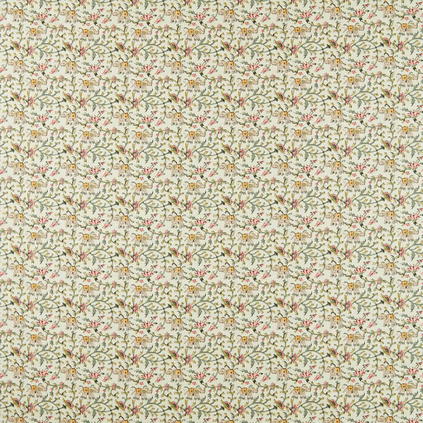 Pale sage botanical fabric with fine vines, tiny rose blooms and ochre accents