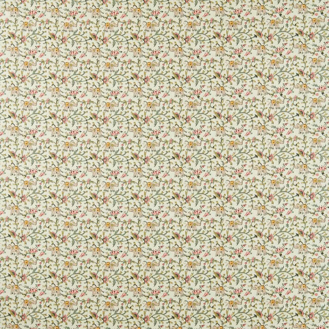 Pale sage botanical fabric with fine vines, tiny rose blooms and ochre accents