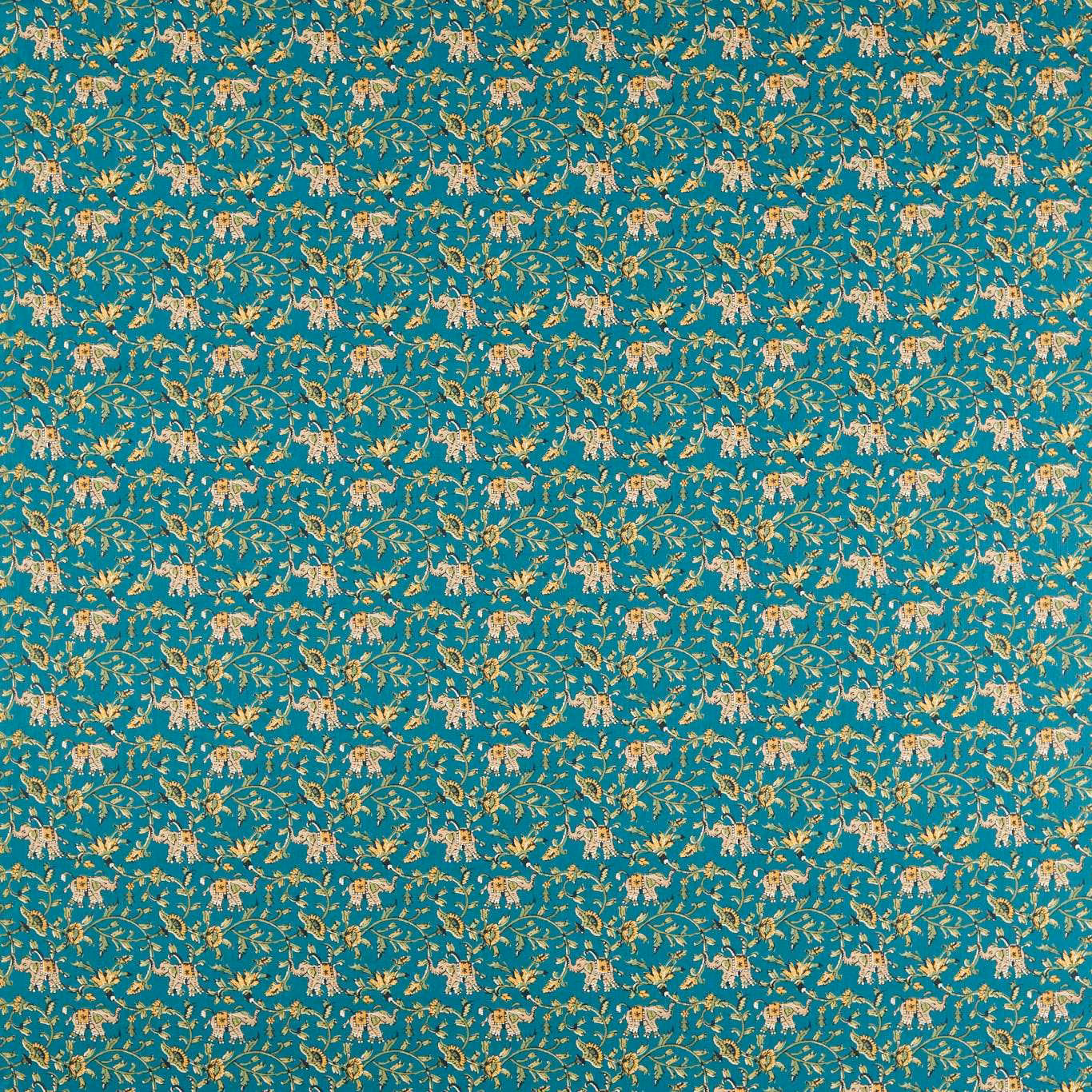 Saturated teal fabric with tiny cream elephants and gold leafy vines