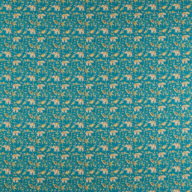 Saturated teal fabric with tiny cream elephants and gold leafy vines