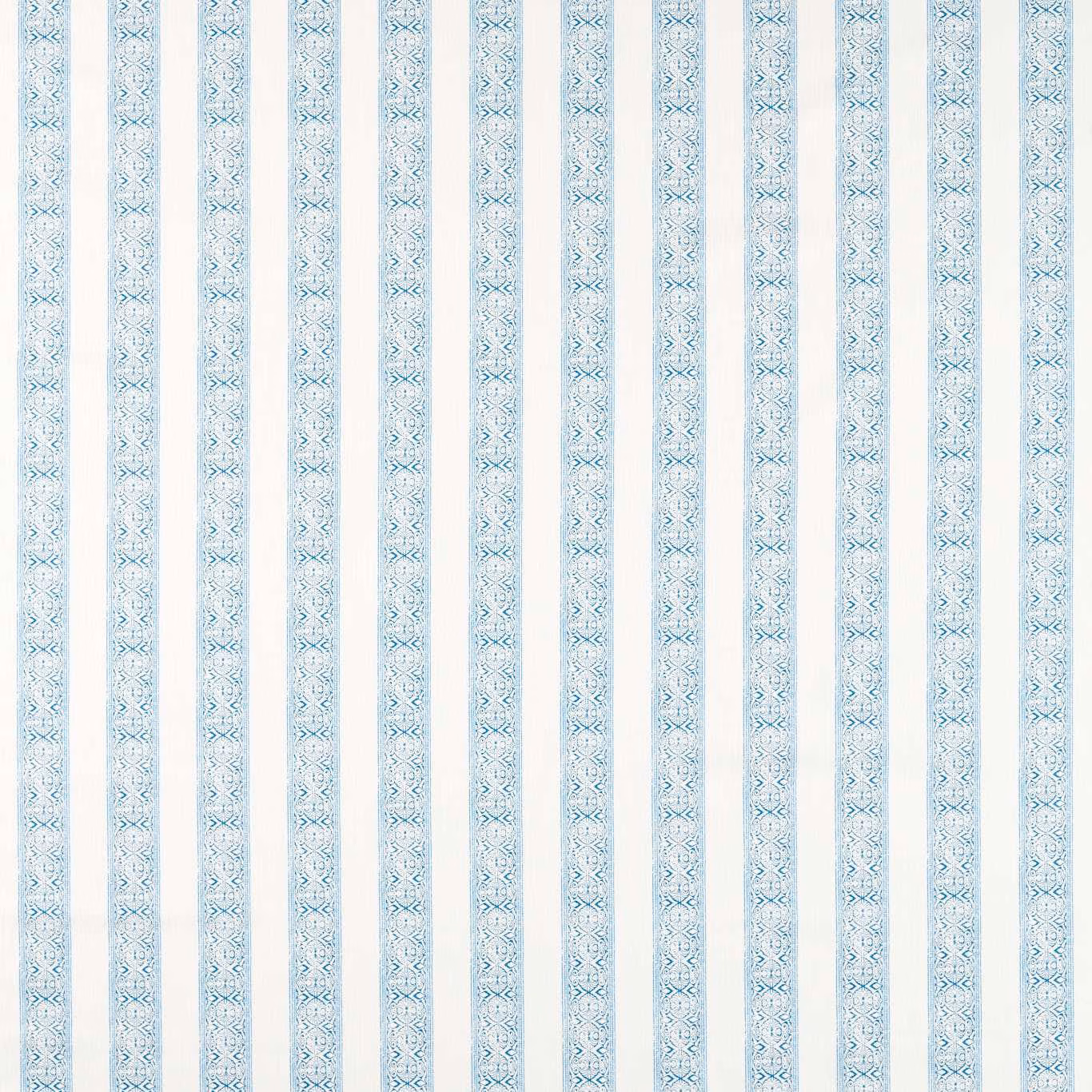 Ivory fabric with slim vertical bands of pale cobalt geometric motifs