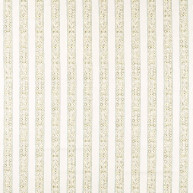 Pale sage and ivory striped fabric with fine repeating geometric bands