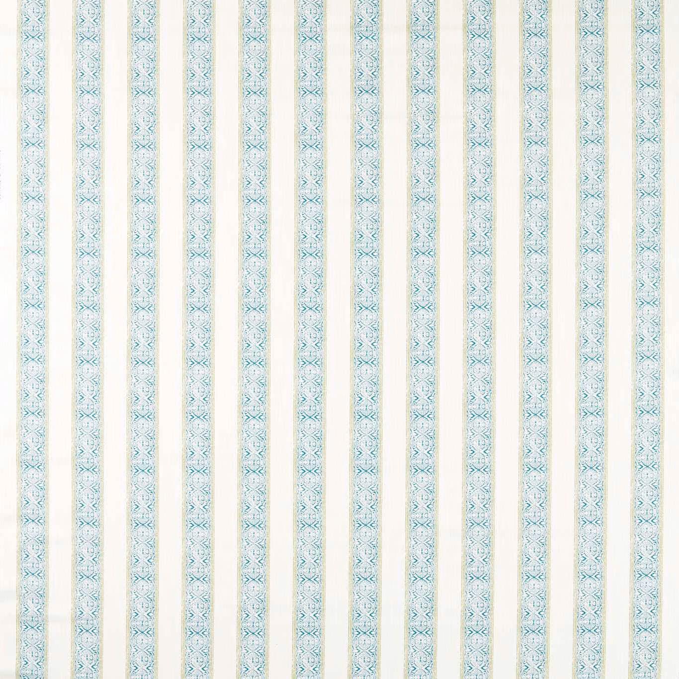 Ivory fabric with pale teal geometric vertical stripes and fine repeating motifs