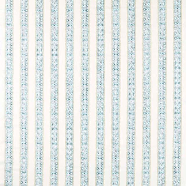 Ivory fabric with pale teal geometric vertical stripes and fine repeating motifs