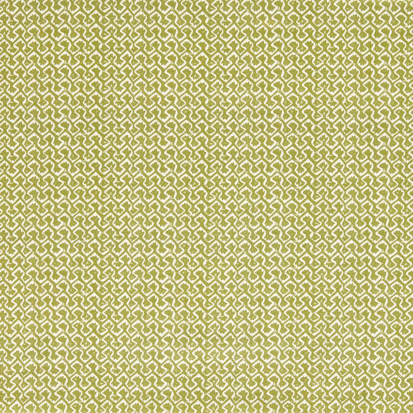 Apple-green woven fabric with a small cream interlocking geometric motif