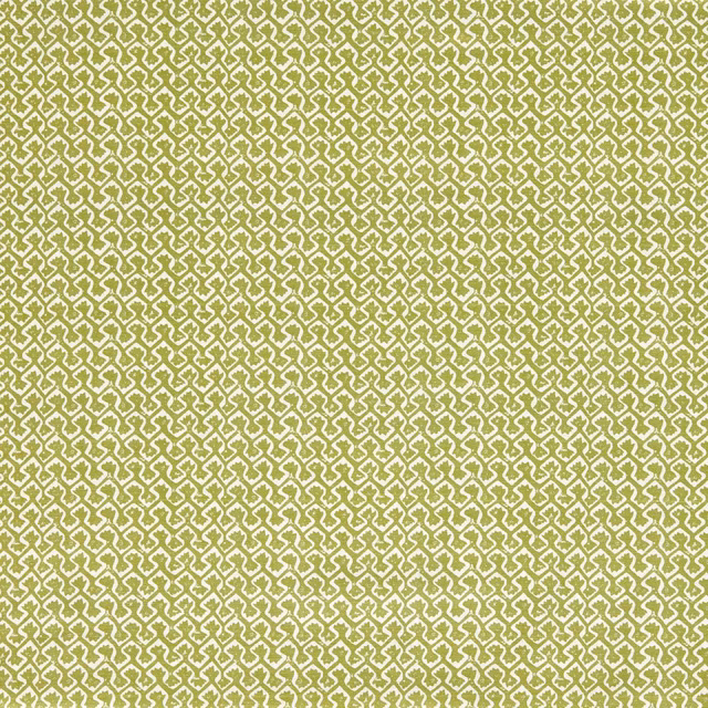 Apple-green woven fabric with a small cream interlocking geometric motif