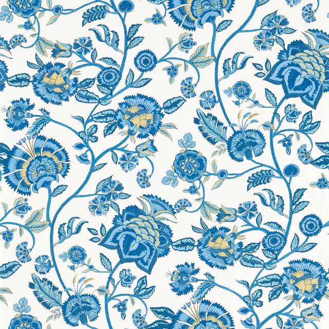 Cobalt and aqua botanical flowers with yellow accents on a white ground