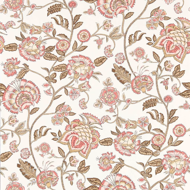 Warm cream wallpaper with blush and coral flowers, brown trailing stems, and leafy botanical detail