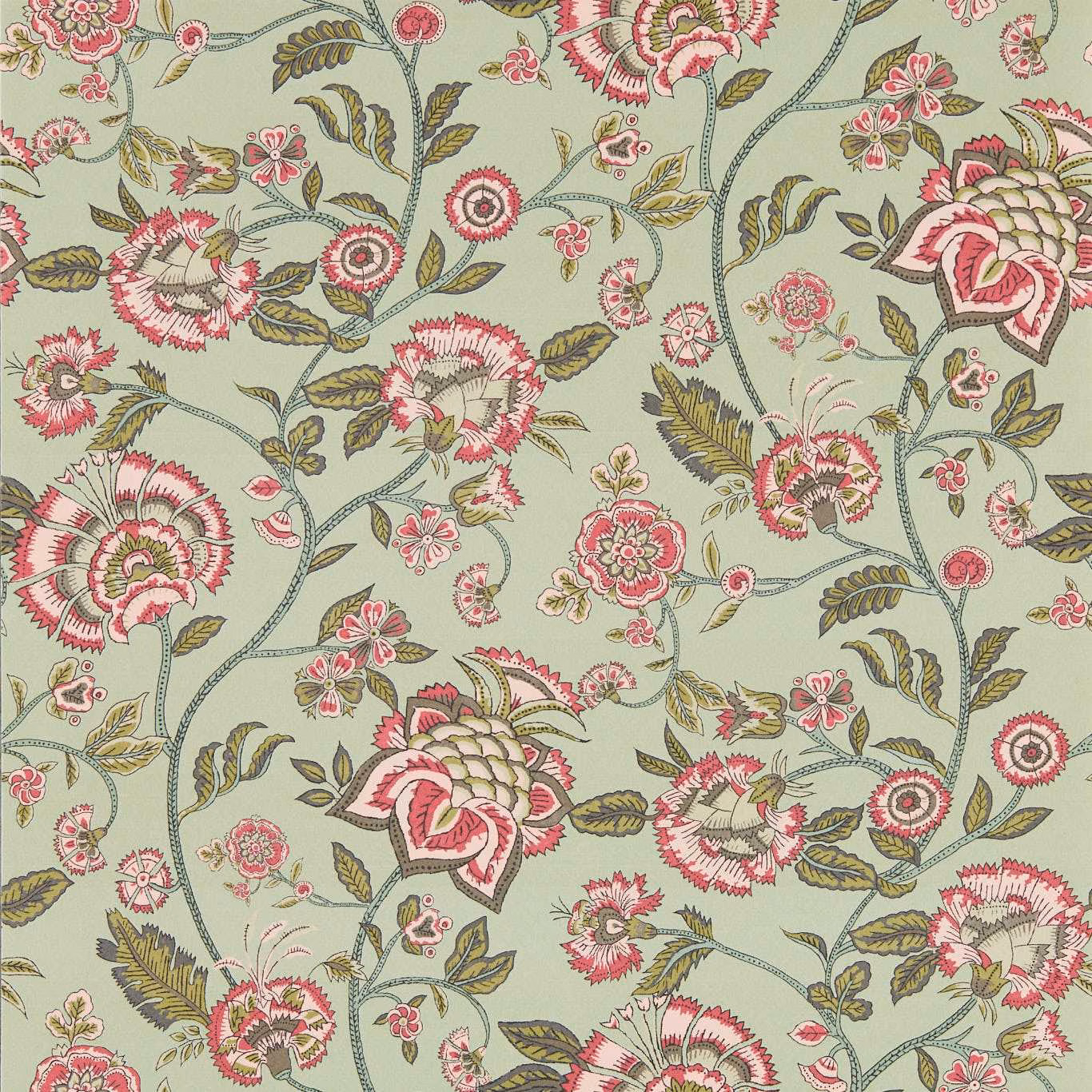 Muted sage wallpaper with blush blooms, ivory petals and curling olive stems