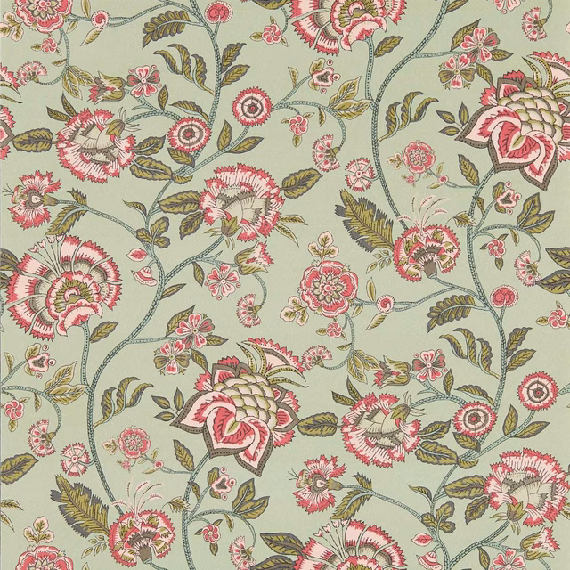 Muted sage wallpaper with blush blooms, ivory petals and curling olive stems