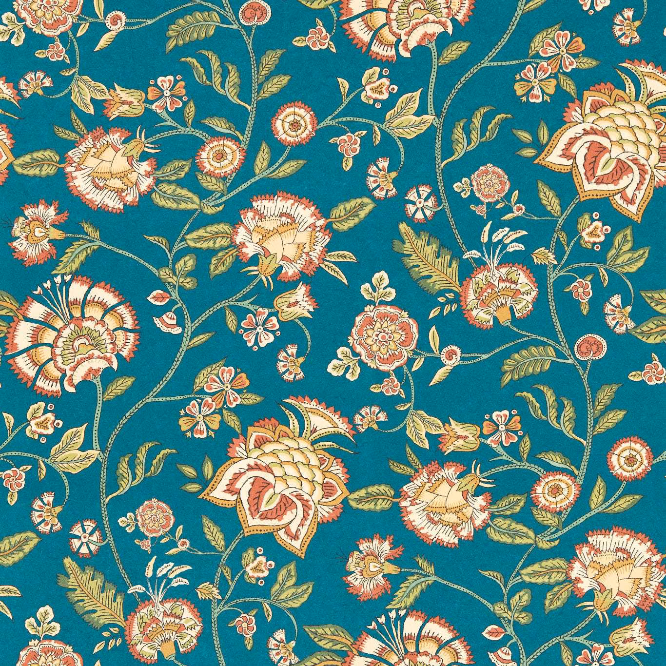 Deep teal wallpaper with coral, cream and mustard botanical flowers and curling vines