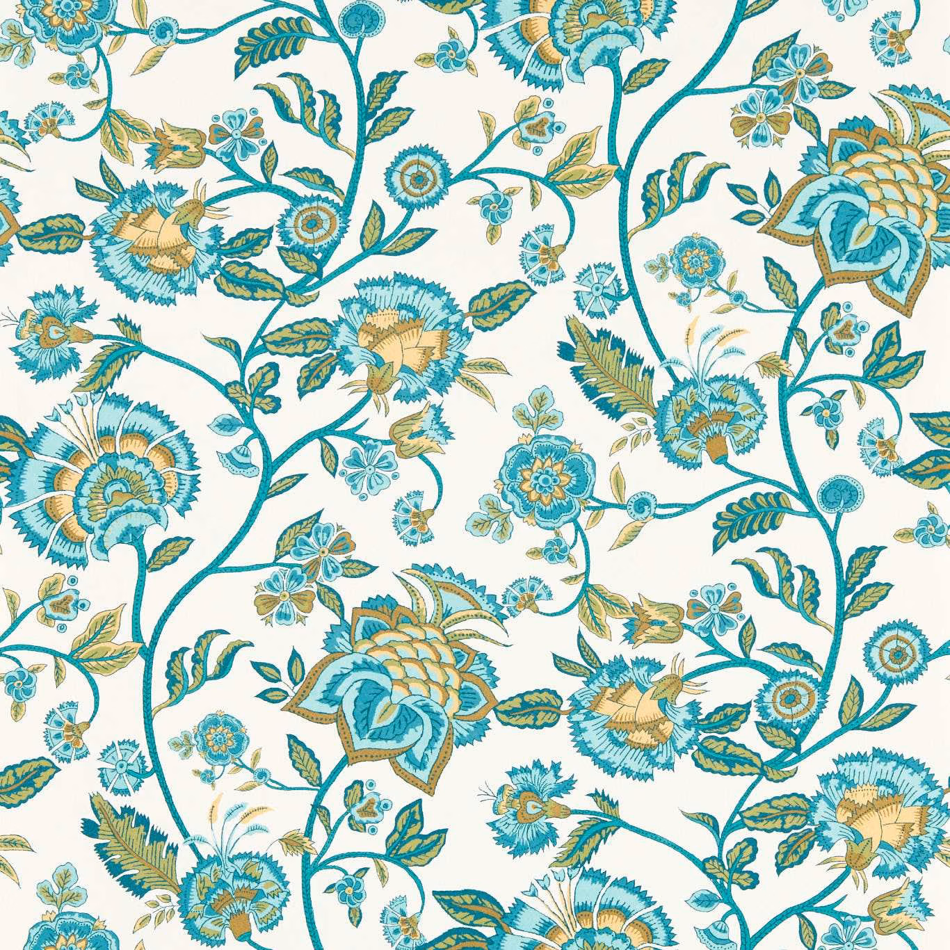 Cream wallpaper with turquoise vines, teal flowers and olive-gold botanical details