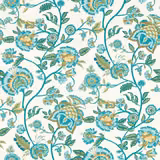 Cream wallpaper with turquoise vines, teal flowers and olive-gold botanical details