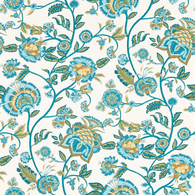 Cream wallpaper with turquoise vines, teal flowers and olive-gold botanical details