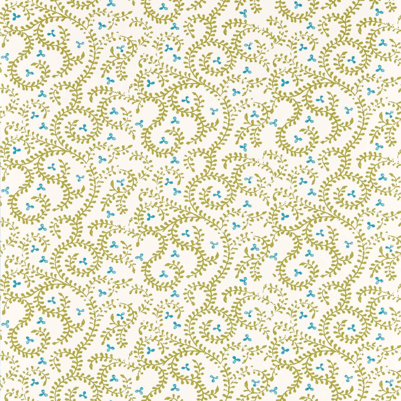 Cream wallpaper with apple-green curling vines and tiny turquoise floral accents