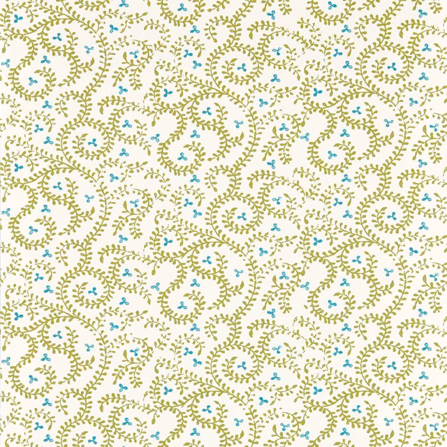 Cream wallpaper with apple-green curling vines and tiny turquoise floral accents